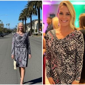 Attention Multicolor Long Sleeve Cowl Neck Cinched Elastic Waist MIDI Dress XL